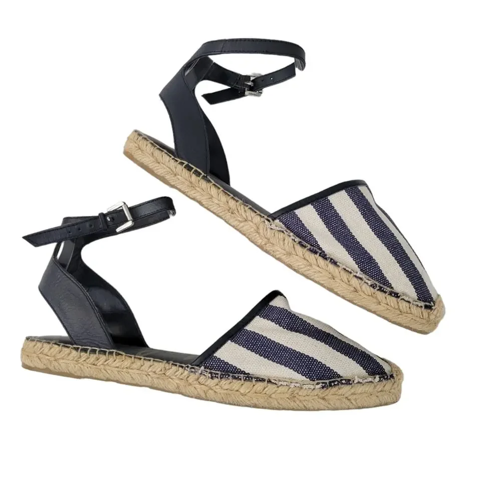 Sam Edelman Vivian Closed Toe Espadrille Size 8.5 Blue Cream Stripe Ankle Strap